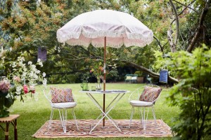 wrought iron french bistro table, chairs & garden parasol