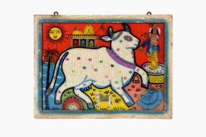 Beaded cow  painted glass picture Ref 2