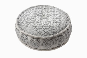 Silver metallic embroidered linen pouffe