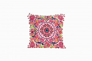 Multi coloured pom pom cushion with bird motif