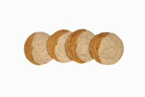 Circular raffia coasters yellow ochre detail
