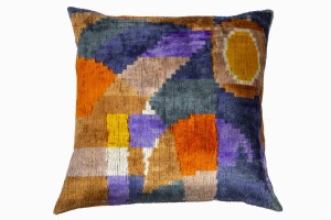 blue, orange, yellow, brown patterned silk ikat cushion