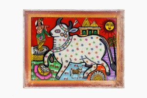 Beaded cow  painted glass picture Ref 1