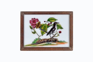 Indian glass painting of a wagtail and a flower (dark frame)