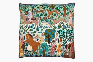 Embroidered floor cushion depicting rural scene
