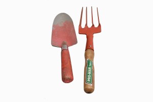 red handle vintage garden fork & trowel set