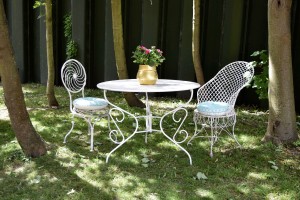 2 white metal regency garden chairs and table