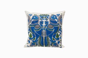 Square blue and green peacock cushion