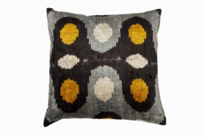 black, silver, yellow, patterned silk ikat cushion