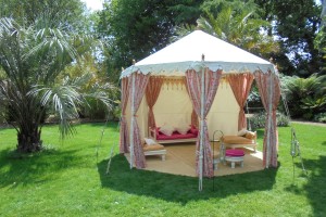 4m Pavilion with orange pink flower drapes at Chelsea Physic Garden