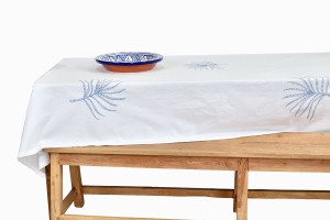 Blue fern tablecloth on table