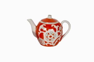 Uzbeki orange teapot with white flower decoration