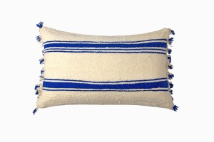 Berber wool pom pom cushion blue stripe 60cm x 40cm