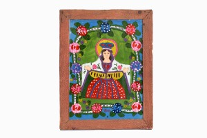 vintage romanian glass painting of the virgin mary in a red dress