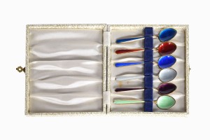 Silver and enamelled spoons box